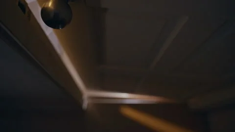 Low Angle View of Interior Door Closing Into Darkness After Brief Opening, Suspe Stock Footage 339198049