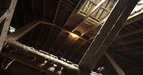 Low angle view of the interior roof structure of a historic barn in Brookville Stock Footage 333184359