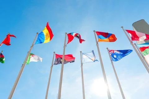 Low Angle View of International Flags at UN Headquarters in Vienna Stock-Fotos