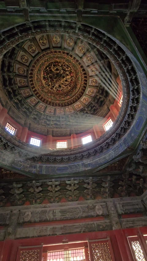 Low angle view of the intricate coffered ceiling and ornate dragon motif insi Stock Footage 331594975