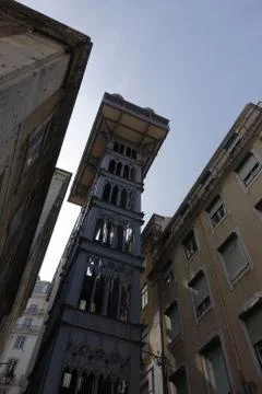 Low angle view of the iron decorated Santa Justa lift in Portugal. Stock Photos