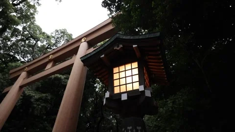 Low Angle View Of Japanese Lamp Post With Huge Torii Gate In Background 動画素材 328130059