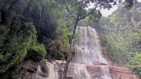 Low angle view of jhari waterfall cascading down rocky cliffs surrounded by.. Stock-Footage 346817021