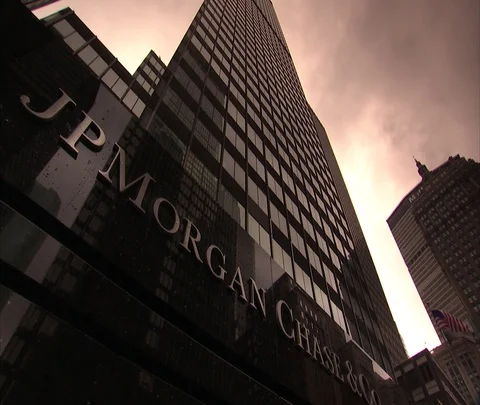 Low angle view of JP Morgan Chase tower, CU lettering in foreground Stock Footage 86749577