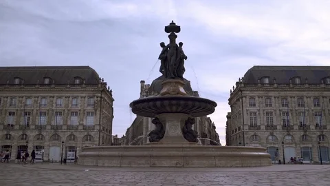 Low angle view of the La Bourse square with fountain in Bordeaux city, France. Stock Footage 102168054