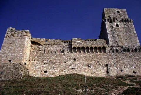 Low angle view of La Rocca, Assisi, Italy. Stock Photos
