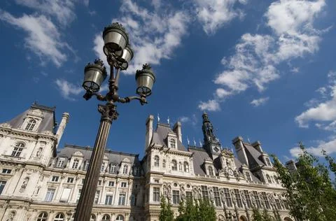 Low angle view of a lamppost in front of a city hall, Hotel De Ville, Paris, Photos