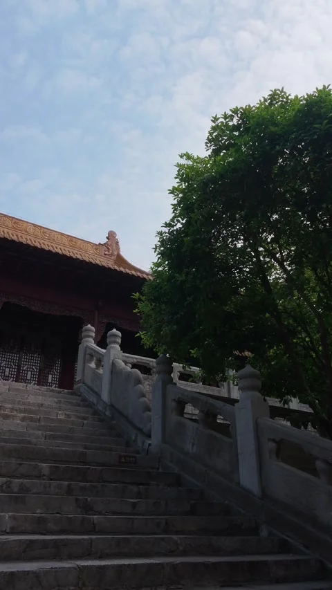 Low Angle View Up A Long Stone Staircase To A Chinese Hall Stock Footage 346385425