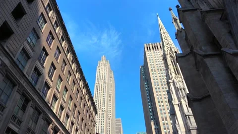 A low angle view looking up at the Rockefeller Building in New York City Stock Footage 279155465
