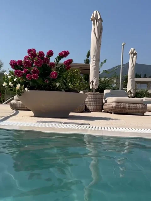 Low-Angle View of Luxury Swimming Pool and Sun loungers Vídeos de archivo 342470047