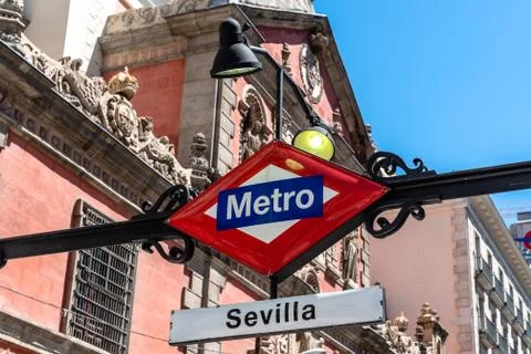 Low angle view of Madrid Metro sign, Sevilla station Stock Photos