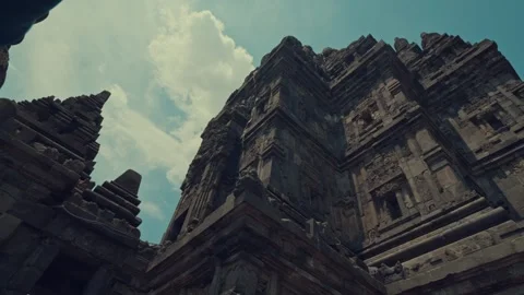 Low Angle View of Majestic Ancient Stone Carvings at Prambanan Temple Stock Footage 333325877