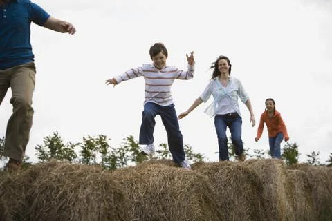 Low angle view of a man and a woman jumping with their children on hay bales Stock Photos