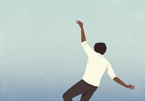 Low angle view man with arms outstretched free falling against blue background Stock Illustration