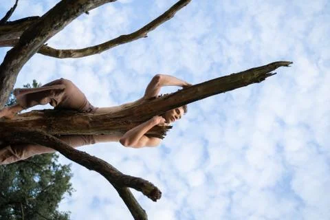 Low angle view of man with eyes closed lying on log against cloudy sky in forest Stock Photos