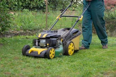 Low angle view of man pushing lawnmower through small backyard in spring. Foto stock