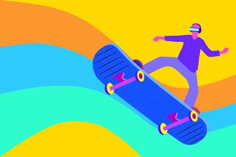 Low angle view man wear vr glasses and play skateboard game Ilustración de archivo