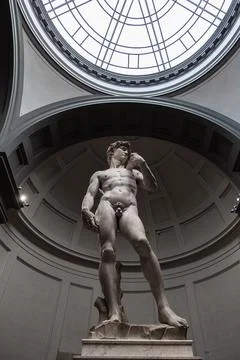 Low-angle view of Michelangelo's David statue in Galleria dell'Accademia Stock Photos