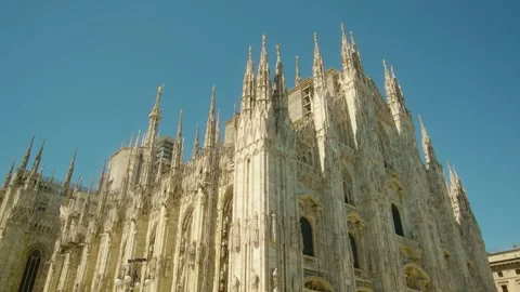 Low-Angle View of Milan Cathedral Spires and Gothic Facade, Italy Stock Footage 348235262