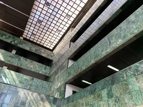 Low angle view of minimalist interior inside a lobby hall of an office building. Stock Photos