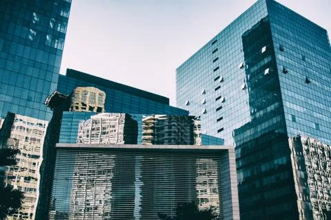 Low angle view of modern architecture corporate and commercial buildings Stock Photos