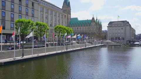 Low-angle view of modern buildings near the sea in Hamburg, Germany Stock-Footage 220495482