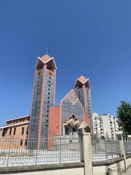 Low-angle view of the modern Co-Cathedral of Saint Peter the Apostle in Bar Stock Photos