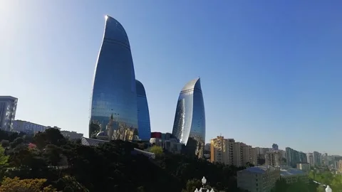 Low angle view of modern Flame Towers skyscrapers Stock Footage 339060107