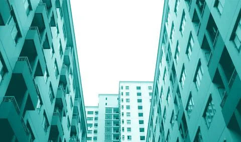 Low Angle View of Modern High Buildings in Turquoise Color Stock Photos