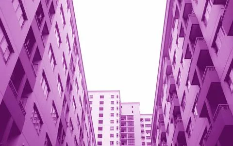 Low Angle View of Modern High Buildings in Purple Color Stock Photos