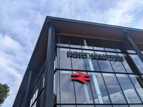 Low angle view of the modern Northampton Railway Station with National Rail logo Stock Photos