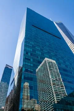 Low angle view of modern office buildings against sky in New Yor Stock Photos