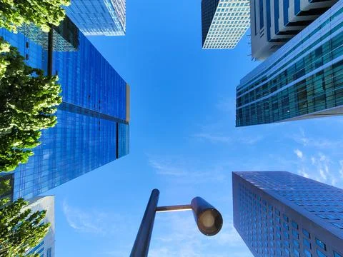 Low angle view of modern office buildings in Seoul Stock Photos