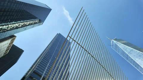 Low angle view of modern skyscrapers in the Financial District of Manhattan Video stock 327763451