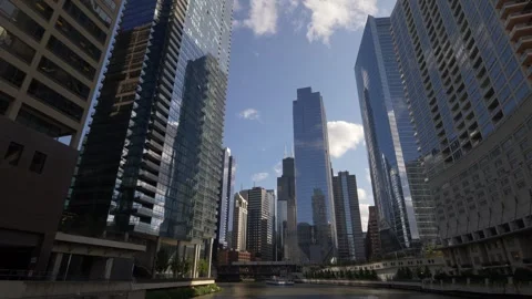 Low angle view of modern skyscrapers in the Chicago city skyline in 4K Video stock 334456997