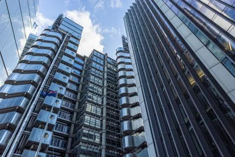 Low angle view of modern skyscrapers in city center Stock Photos