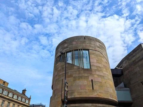 Low angle view of the modern stone tower of the National Museum of Scotland Stock Photos