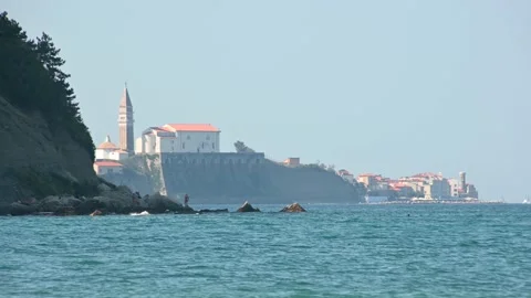 Low angle view of Moon Bay and small medieval famous town Piran Stock Footage 139224065