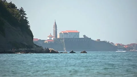 Low angle view of Moon Bay and small medieval famous town Piran Stock Footage 139225249