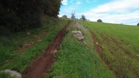 Low angle view of muddy uphill dirt road through green rural fields Video stock 337459459