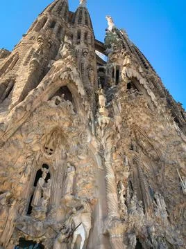  Low angle view of Nativity Facade of the Sagrada Familia.  Stock Photos