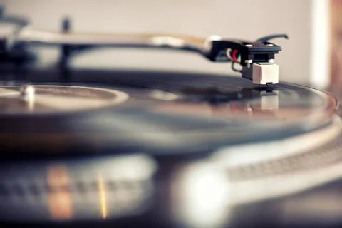 Low angle view of a needle on a gramophone record Stock Photos