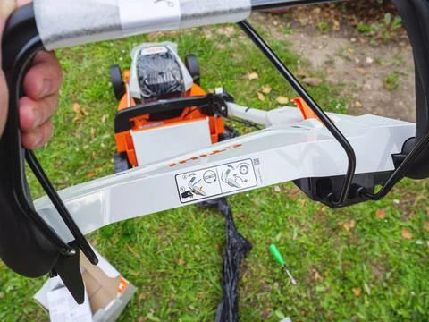 Low angle view of new Stihl lawn mower operated with li-ion batteries Photos