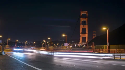 Low Angle View of Night Traffic Golden Gate Bridge San Francisco Timelapse Stock Footage 203860213