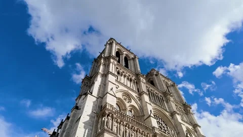 Low Angle View of Notre Dame Cathedral Under Blue Sky in Paris Stock Footage 335498607