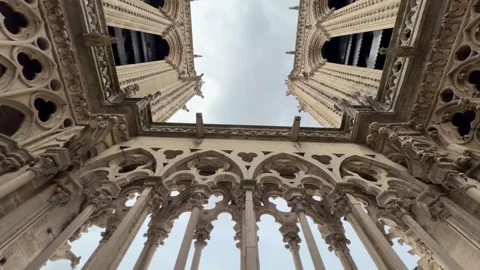 Low angle view of Notre Dame Cathedral architecture in Paris Stock Footage 337483239