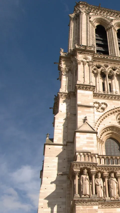 Low Angle View of Notre Dame Cathedral Facade in Paris Vídeos de archivo 345103289
