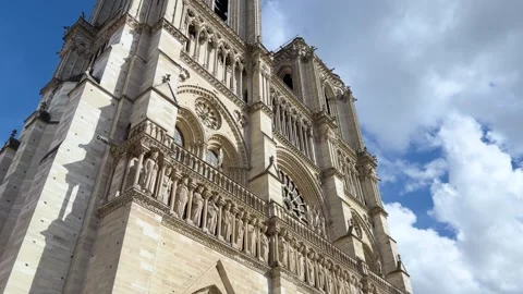 Low Angle View of Notre Dame Cathedral Facade in Paris Stock Footage 347116595