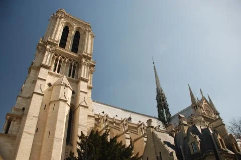 Low angle view of Notre Dame church in Paris 스톡 사진