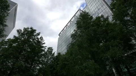 Low angle view of office buildings seen from a park in London Stock Footage 61582033